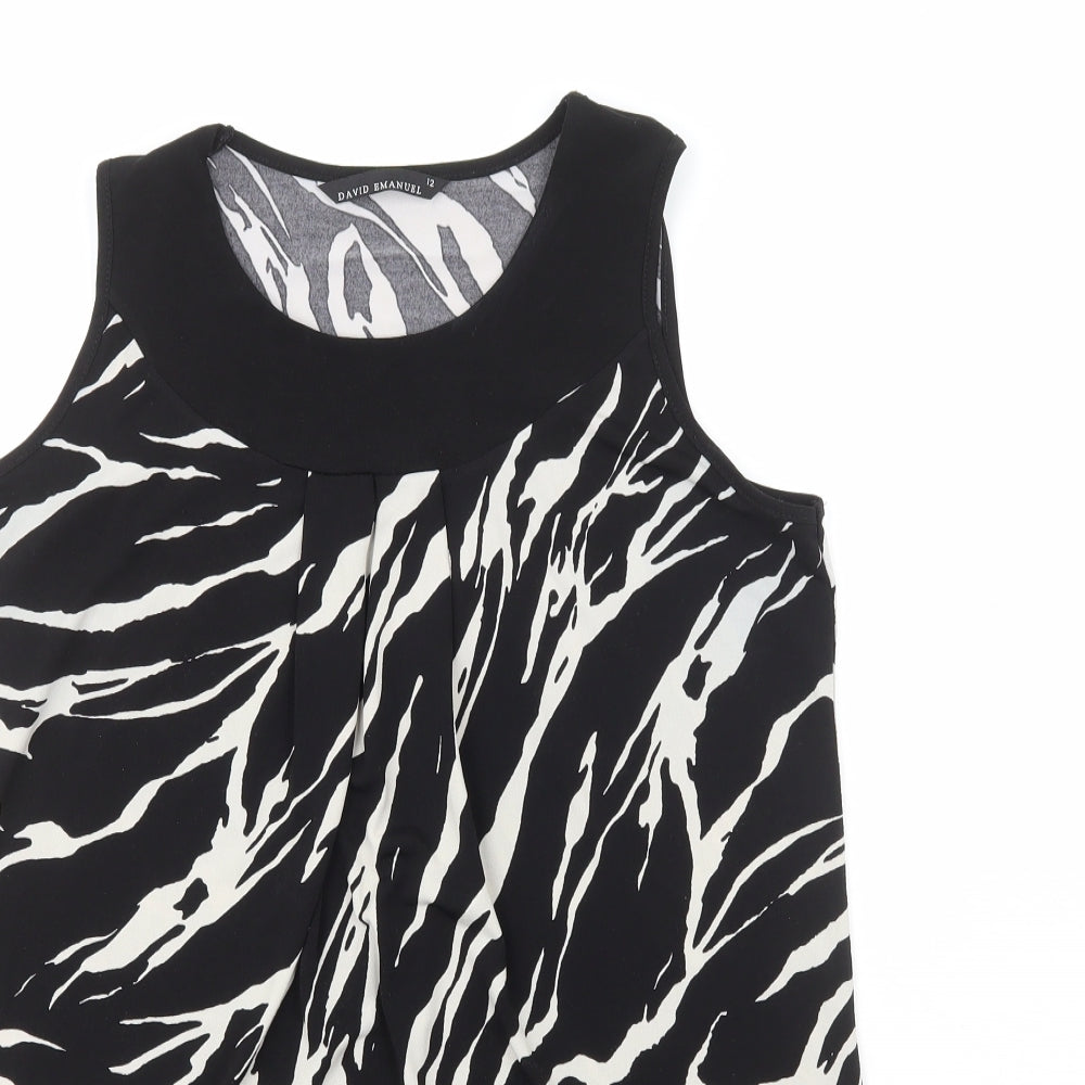 David Emanuel  Womens Black Animal Print Polyester Basic Tank Size 12 Crew Neck