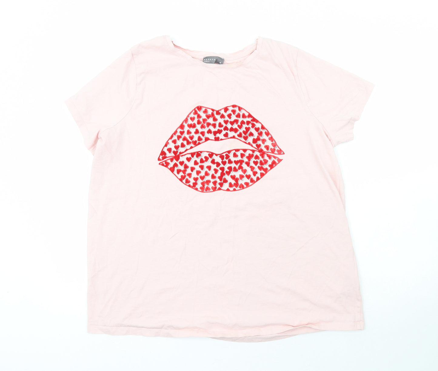 Papaya Womens Pink  100% Cotton Basic T-Shirt Size 18 Crew Neck - Heart lips