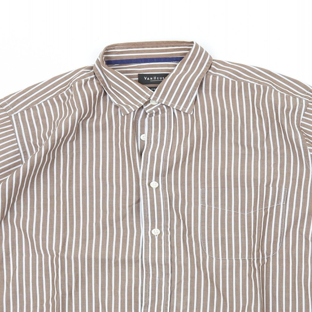 Van Heusen Mens Brown Striped Cotton  Button-Up Size M Collared