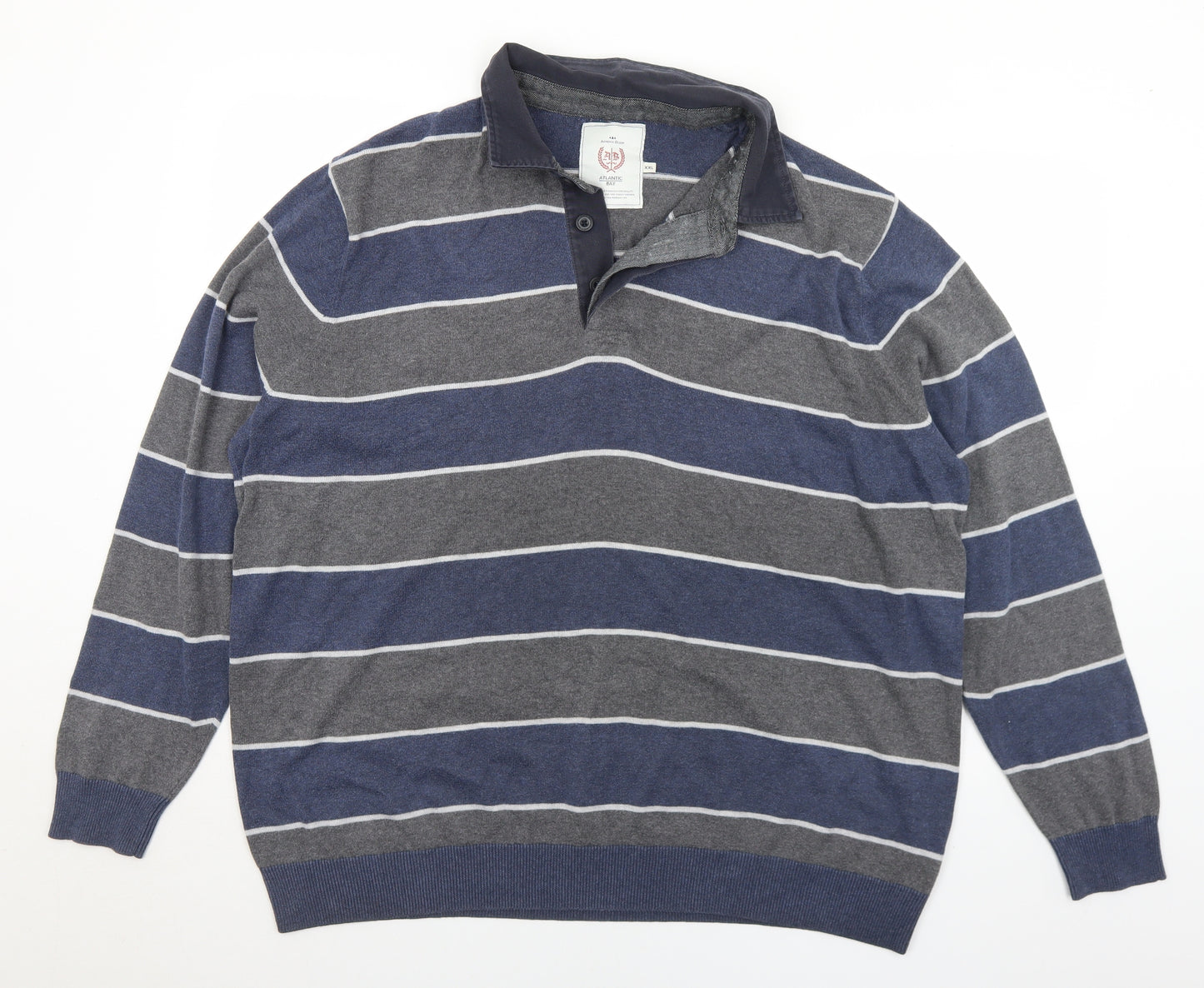 BHS Mens Blue Collared Striped Cotton Pullover Jumper Size 2XL