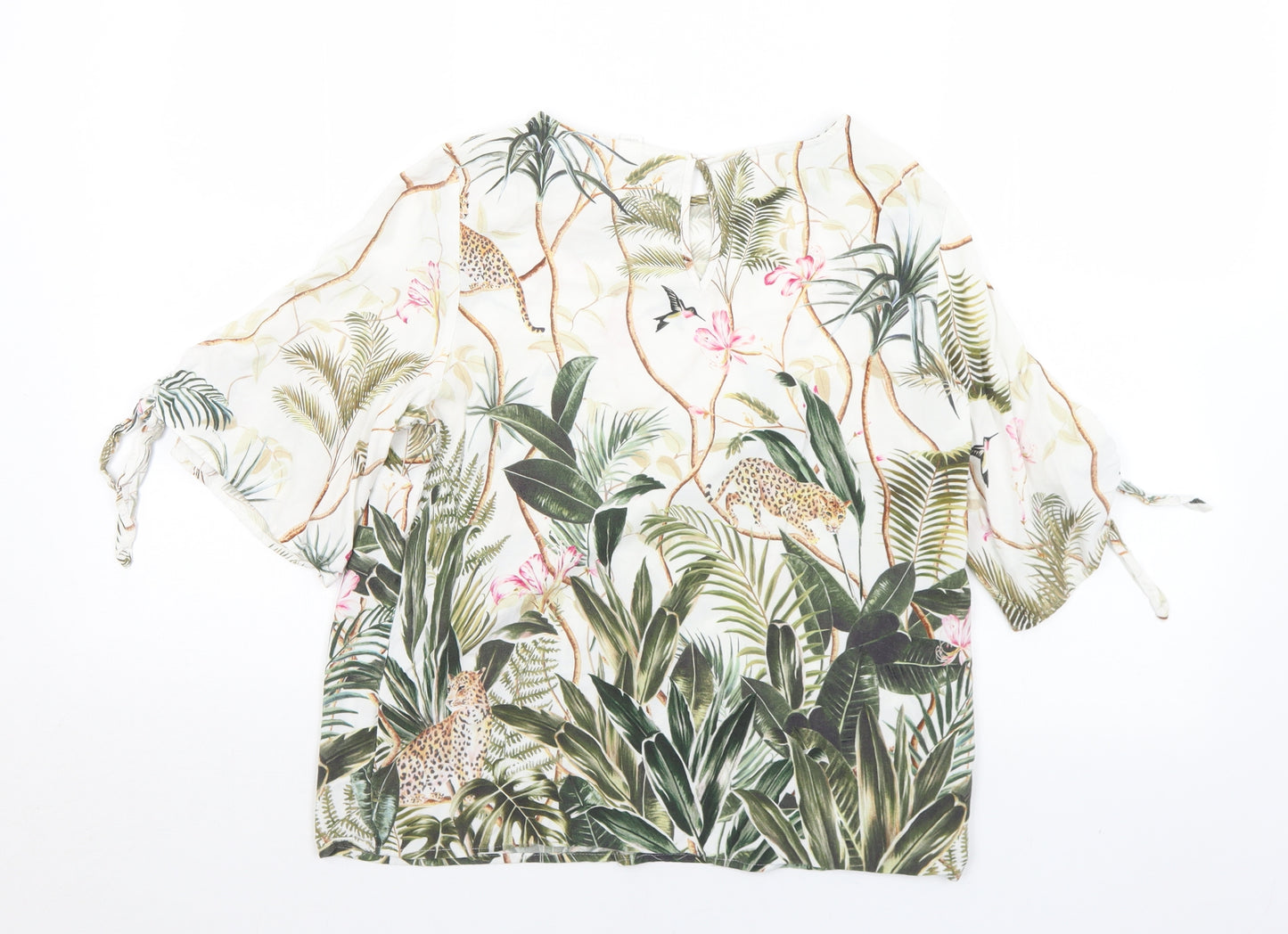 H&M Womens Multicoloured Floral Viscose Basic T-Shirt Size 10 Round Neck