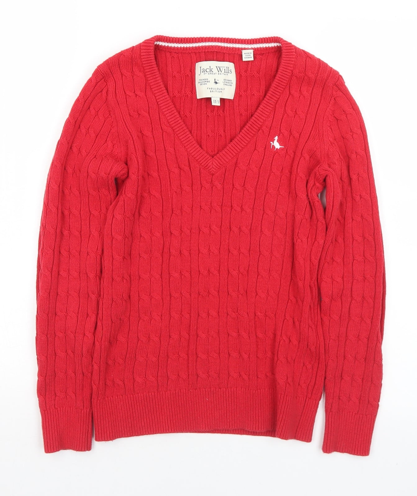 Jack Wills Womens Red V-Neck  Cotton Pullover Jumper Size 6
