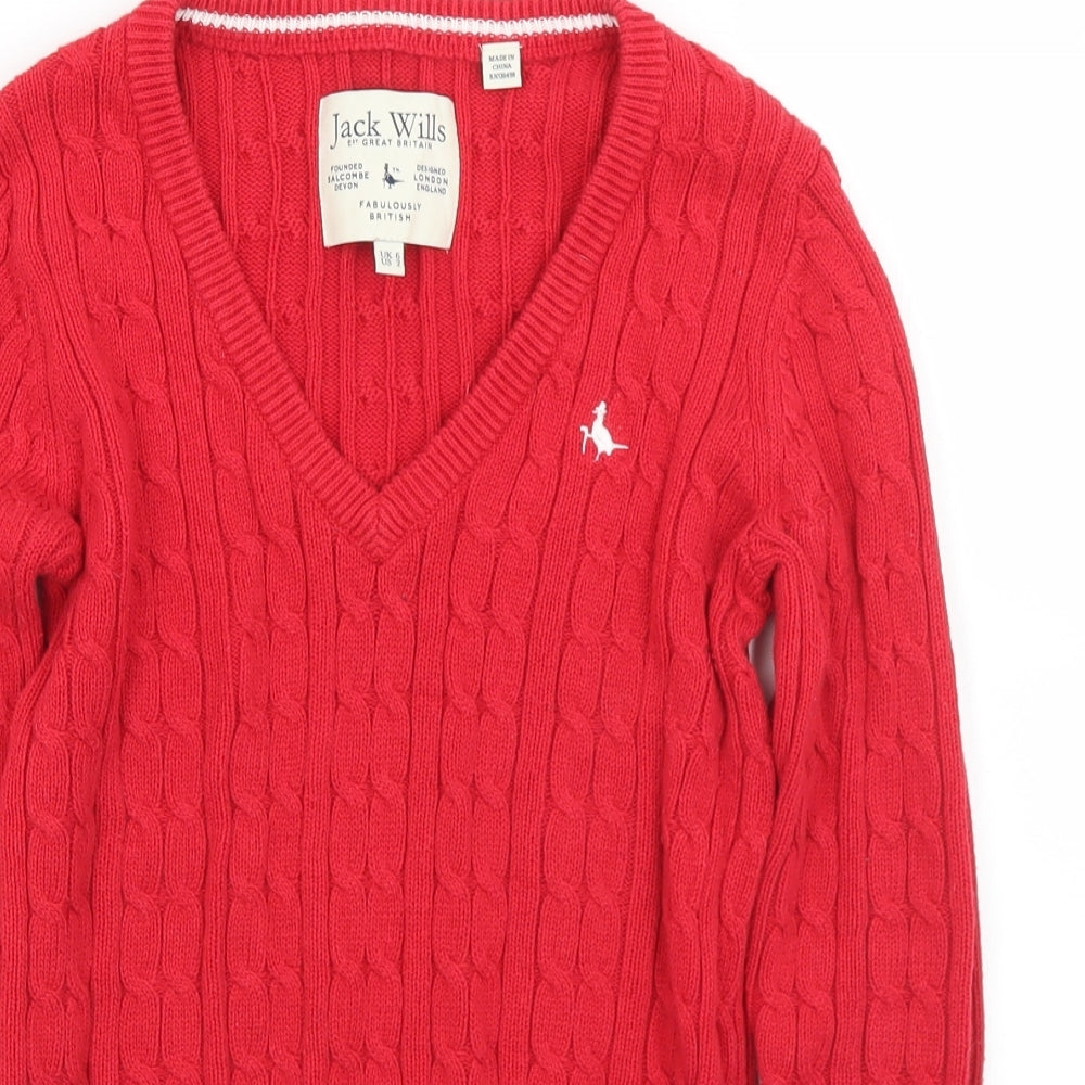 Jack Wills Womens Red V-Neck  Cotton Pullover Jumper Size 6