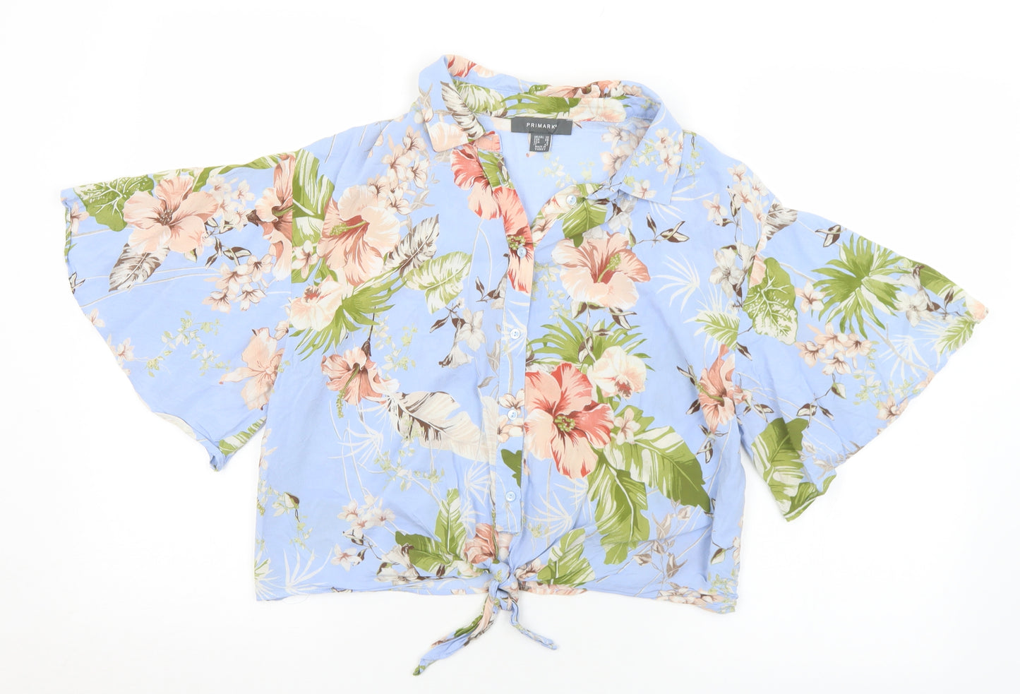 Primark Womens Multicoloured Floral Viscose Cropped Blouse Size 10 Collared