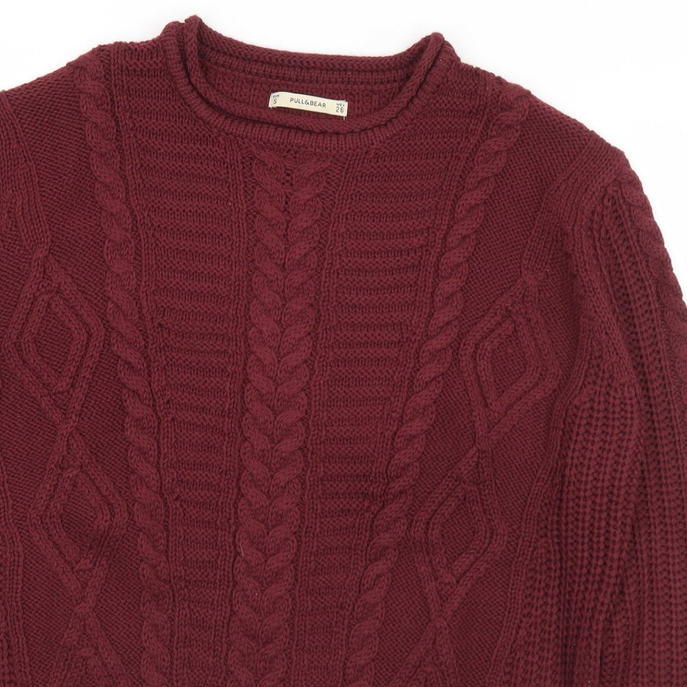Pull&Bear Mens Red Crew Neck  Acrylic Pullover Jumper Size S