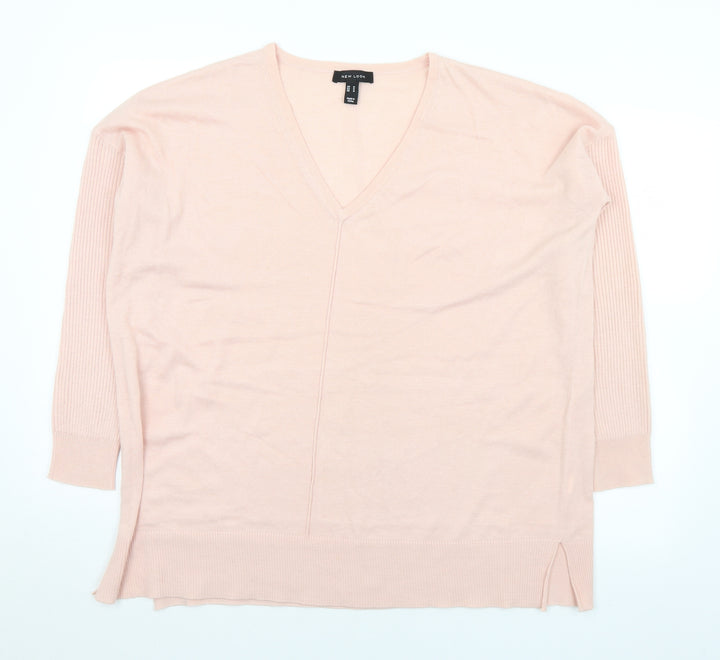 New Look Womens Pink V-Neck Acrylic Pullover Jumper Size M