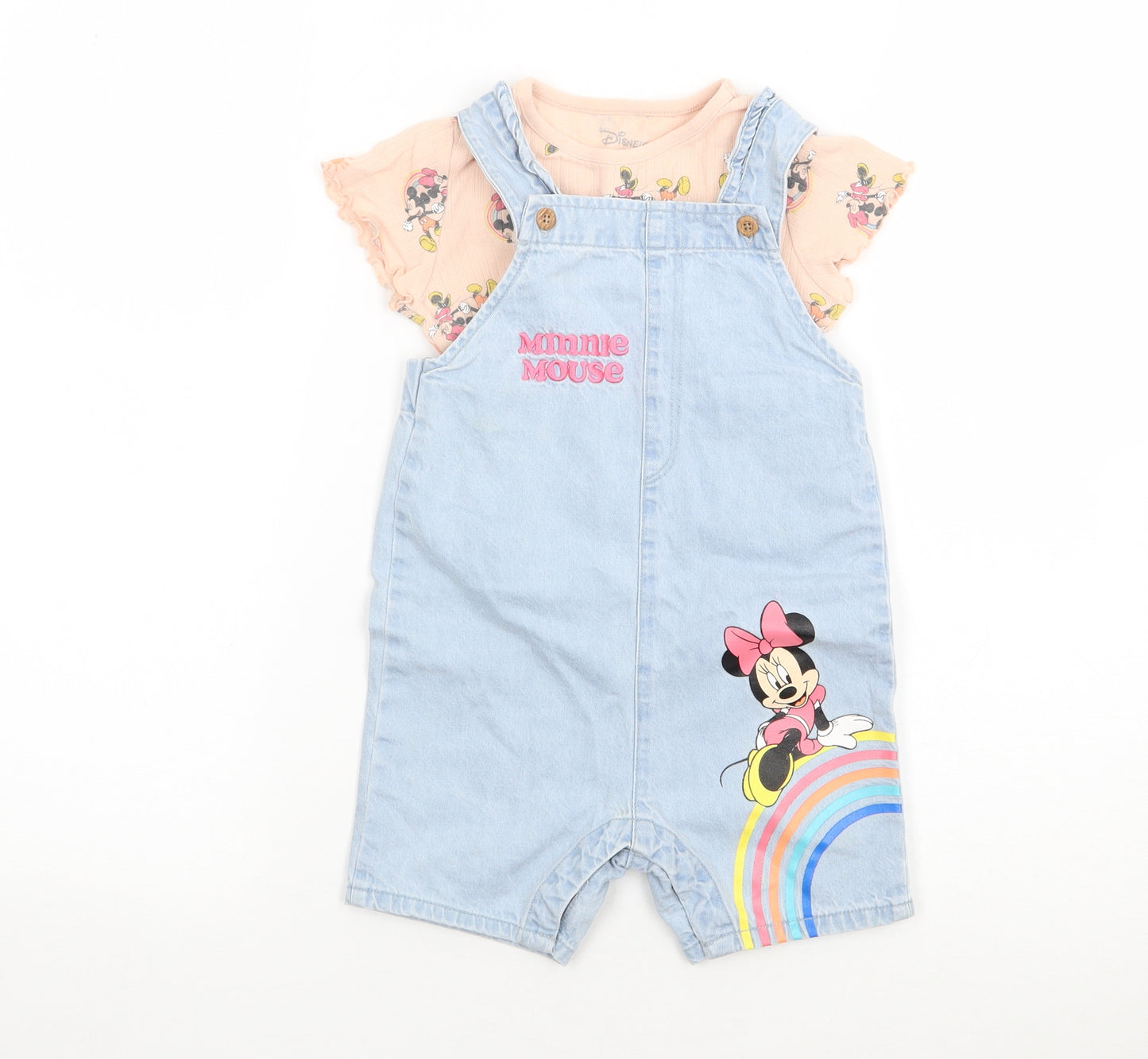 Primark Girls Blue Geometric 100% Cotton Dungaree Outfit/Set Size 18-24 Months  Snap - Minnie Mouse