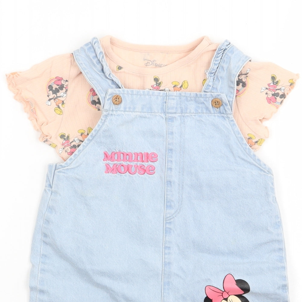 Primark Girls Blue Geometric 100% Cotton Dungaree Outfit/Set Size 18-24 Months  Snap - Minnie Mouse