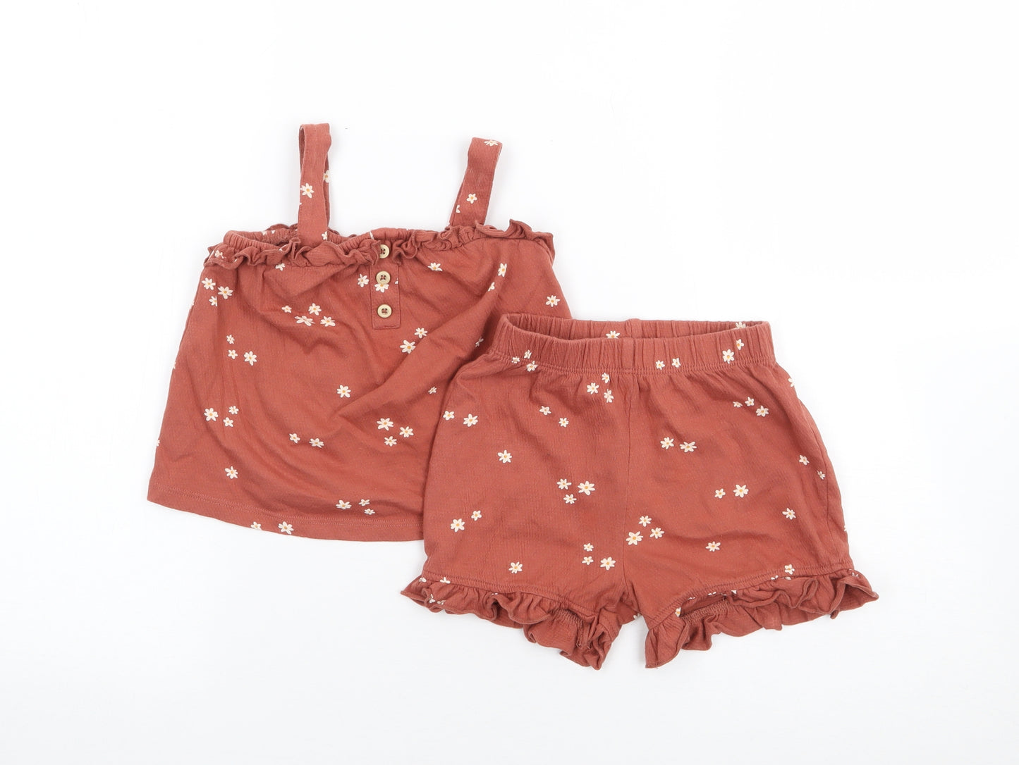 George Girls Brown Floral Cotton Shorts Set Outfit/Set Size 18-24 Months  Pullover