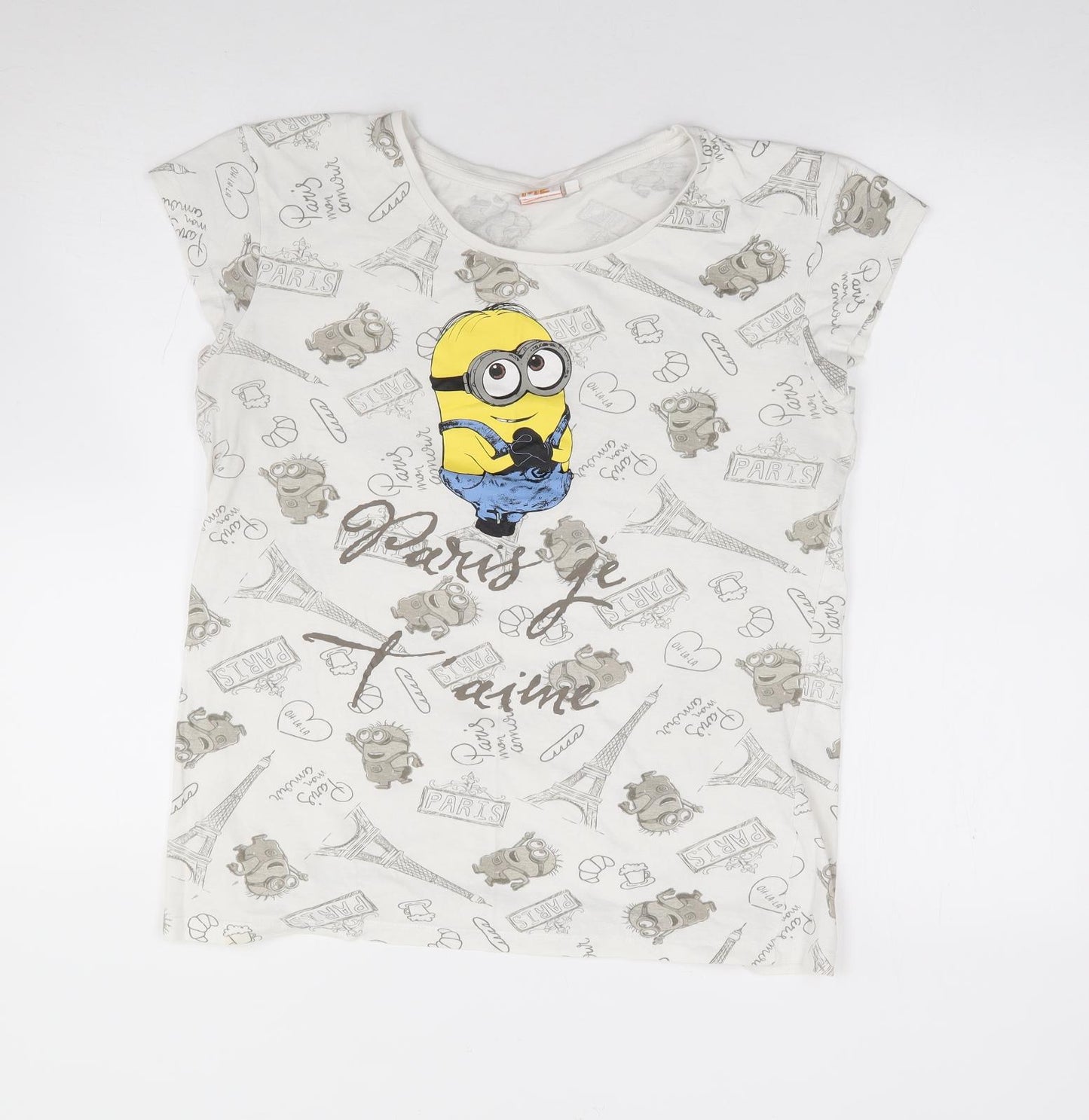 Despicable Me Womens Ivory Geometric Polyester Jersey T-Shirt Size L Round Neck - Minons