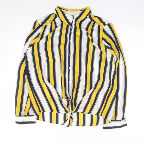 Wallis Womens Yellow Striped Polyester Jersey Button-Up Size 12 Collared