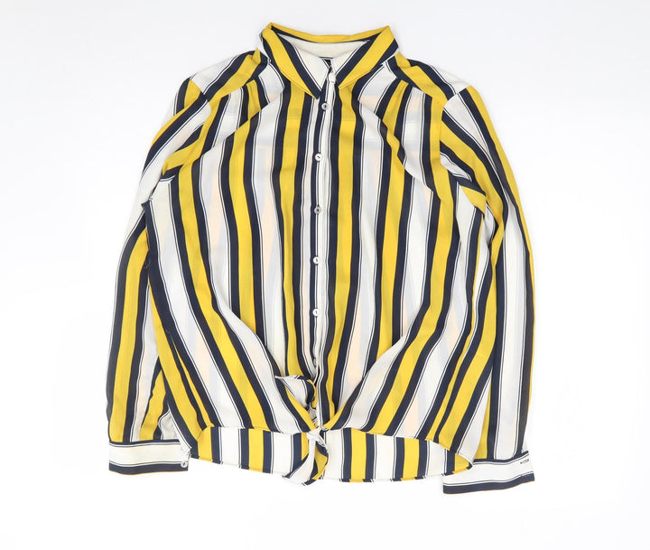 Wallis Womens Yellow Striped Polyester Jersey Button-Up Size 12 Collared
