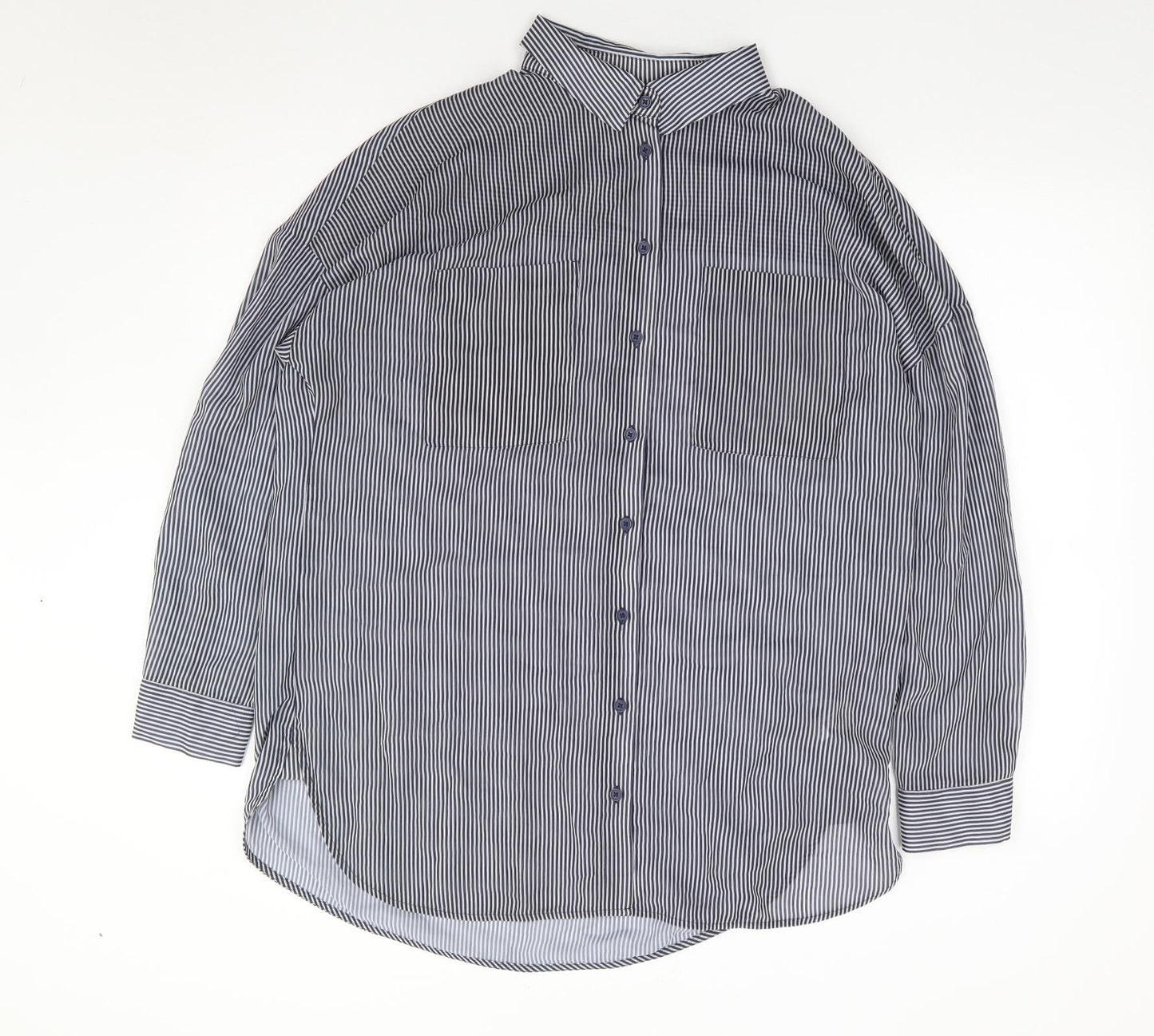 Marks and Spencer Womens Blue Striped Polyester Jersey Button-Up Size 14 Collared