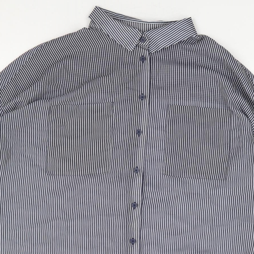 Marks and Spencer Womens Blue Striped Polyester Jersey Button-Up Size 14 Collared