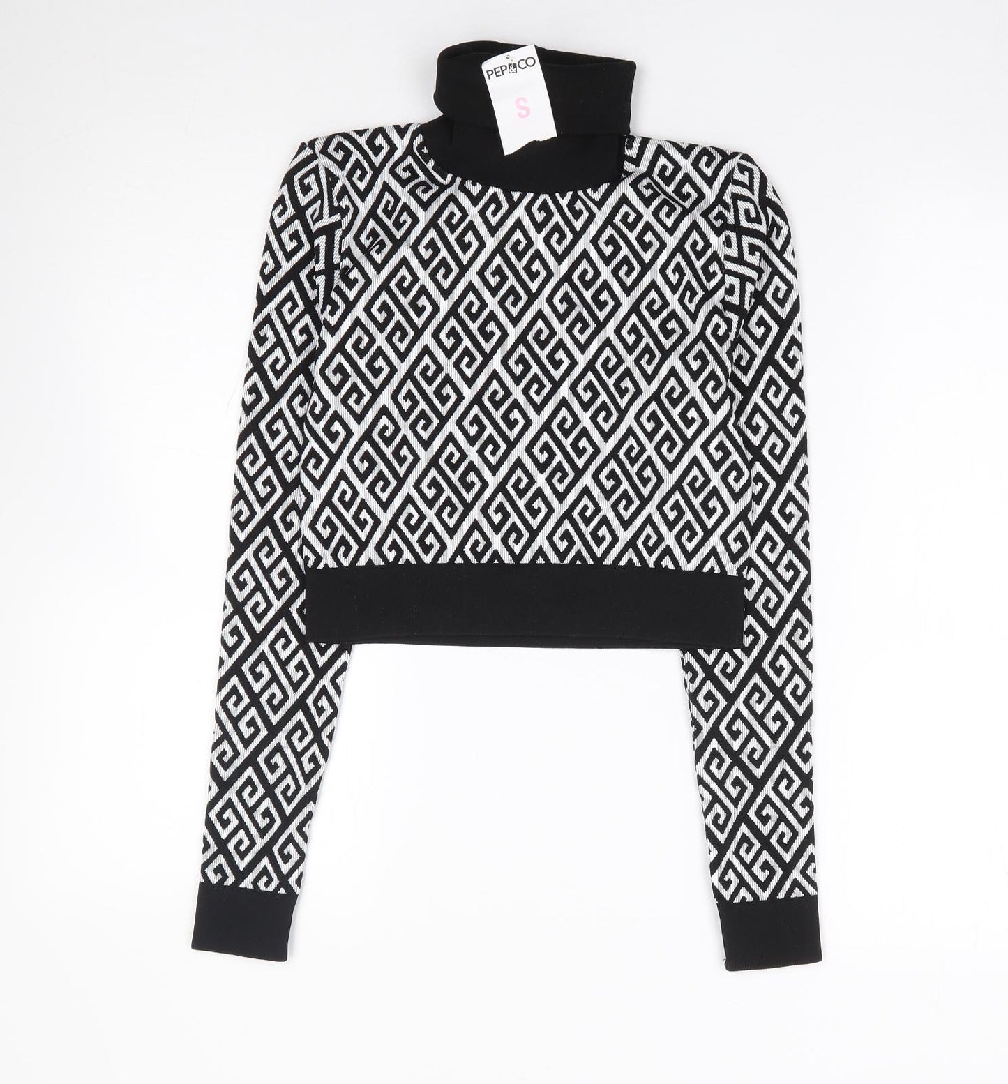 Pep&Co Womens Black Roll Neck Geometric Nylon Pullover Jumper Size S