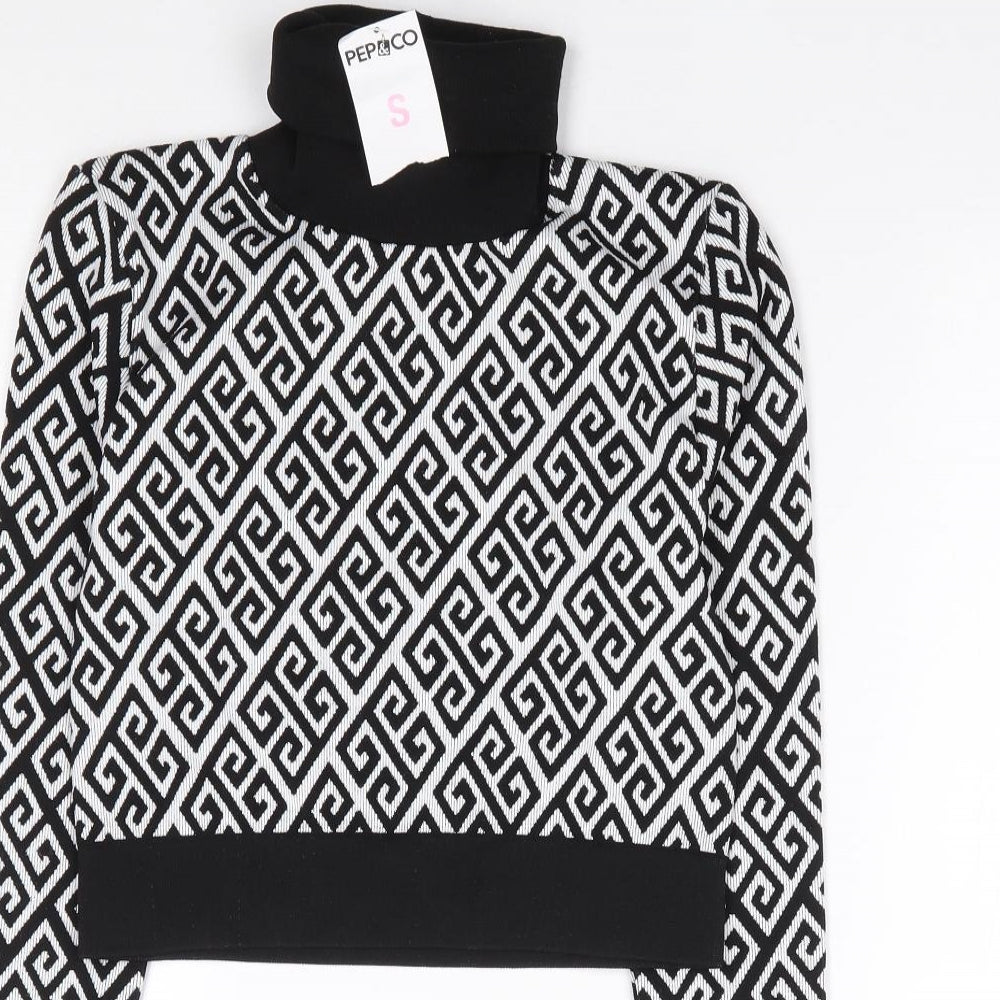 Pep&Co Womens Black Roll Neck Geometric Nylon Pullover Jumper Size S