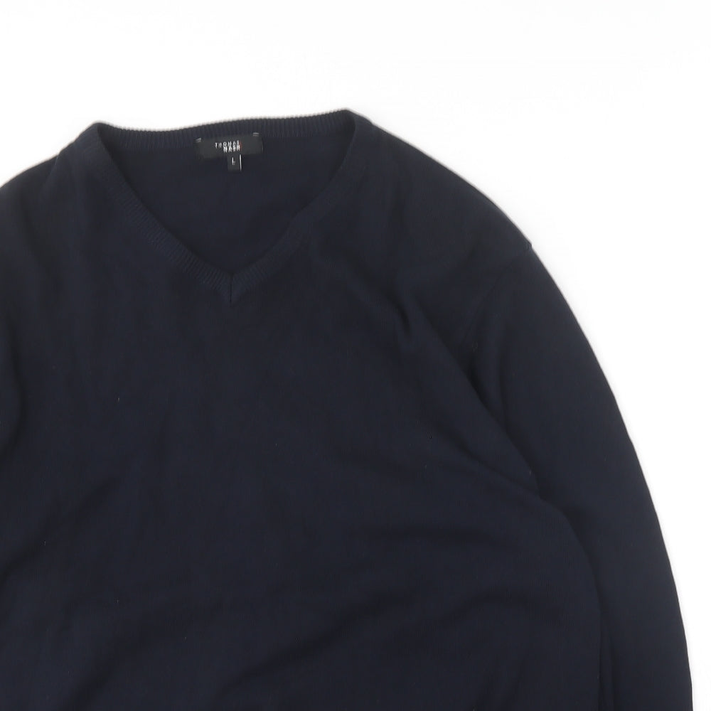 Thomas Nash Mens Blue V-Neck  Cotton Pullover Jumper Size L
