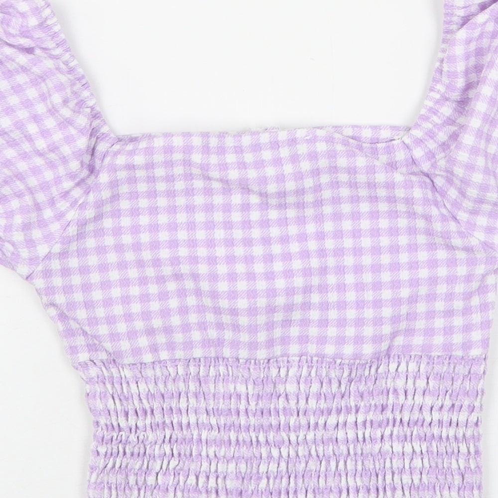 Primark Womens Pink Check Polyester Cropped Blouse Size 6 Square Neck