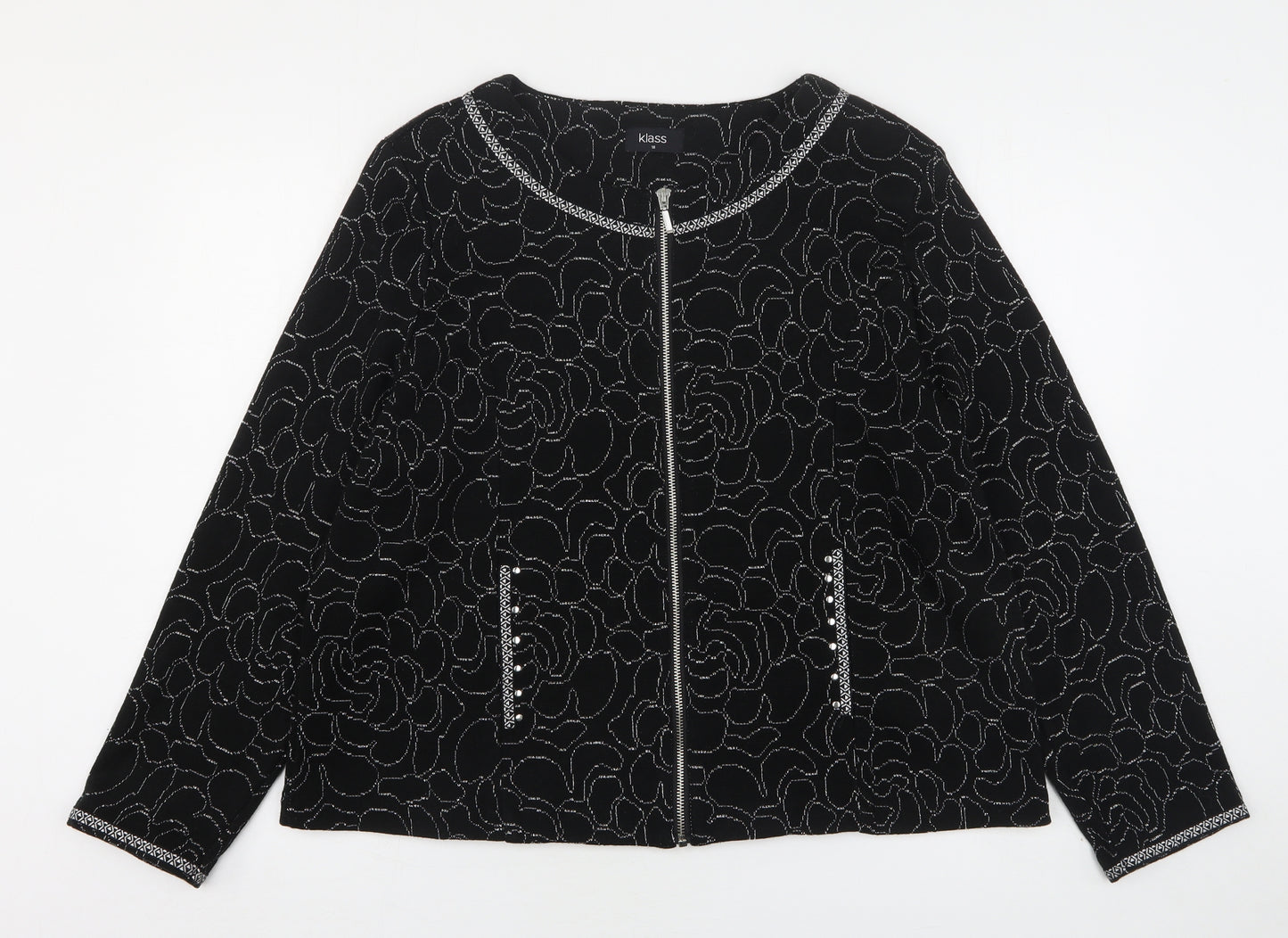 Klass Womens Black Round Neck Floral Acrylic Full Zip Jumper Size 18