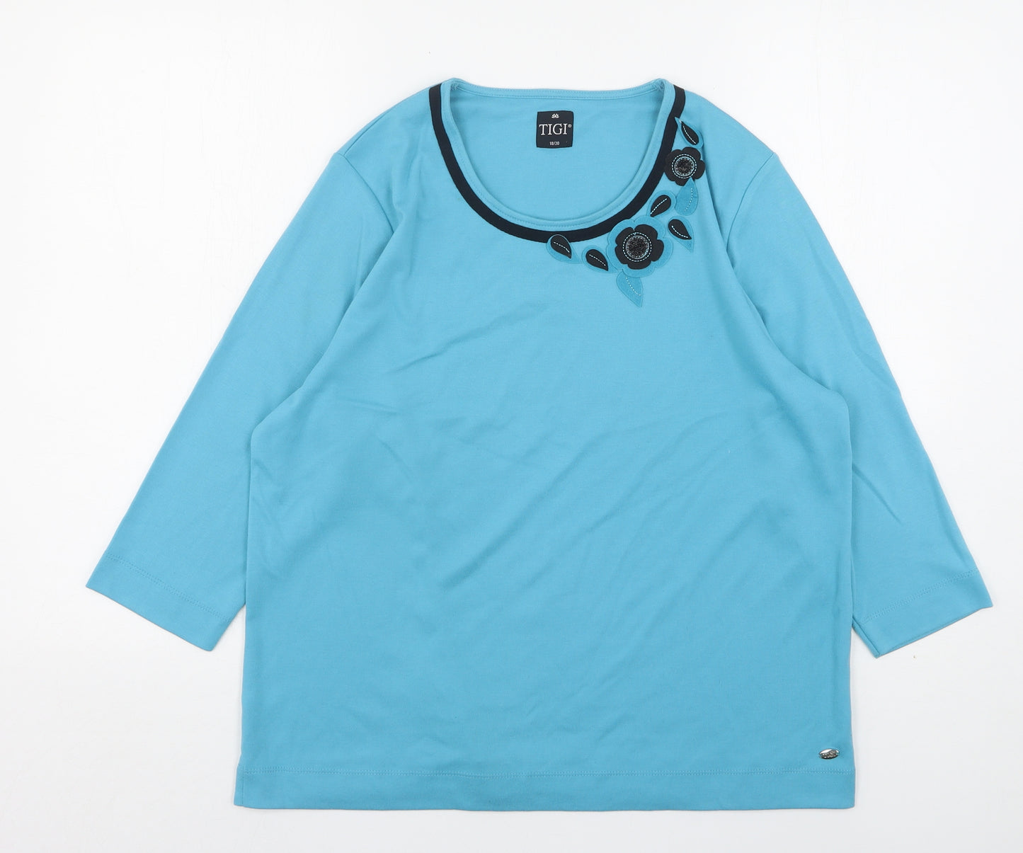 Tigi Womens Blue Floral Polyester Basic T-Shirt Size 18 Round Neck