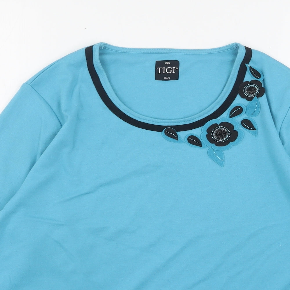 Tigi Womens Blue Floral Polyester Basic T-Shirt Size 18 Round Neck