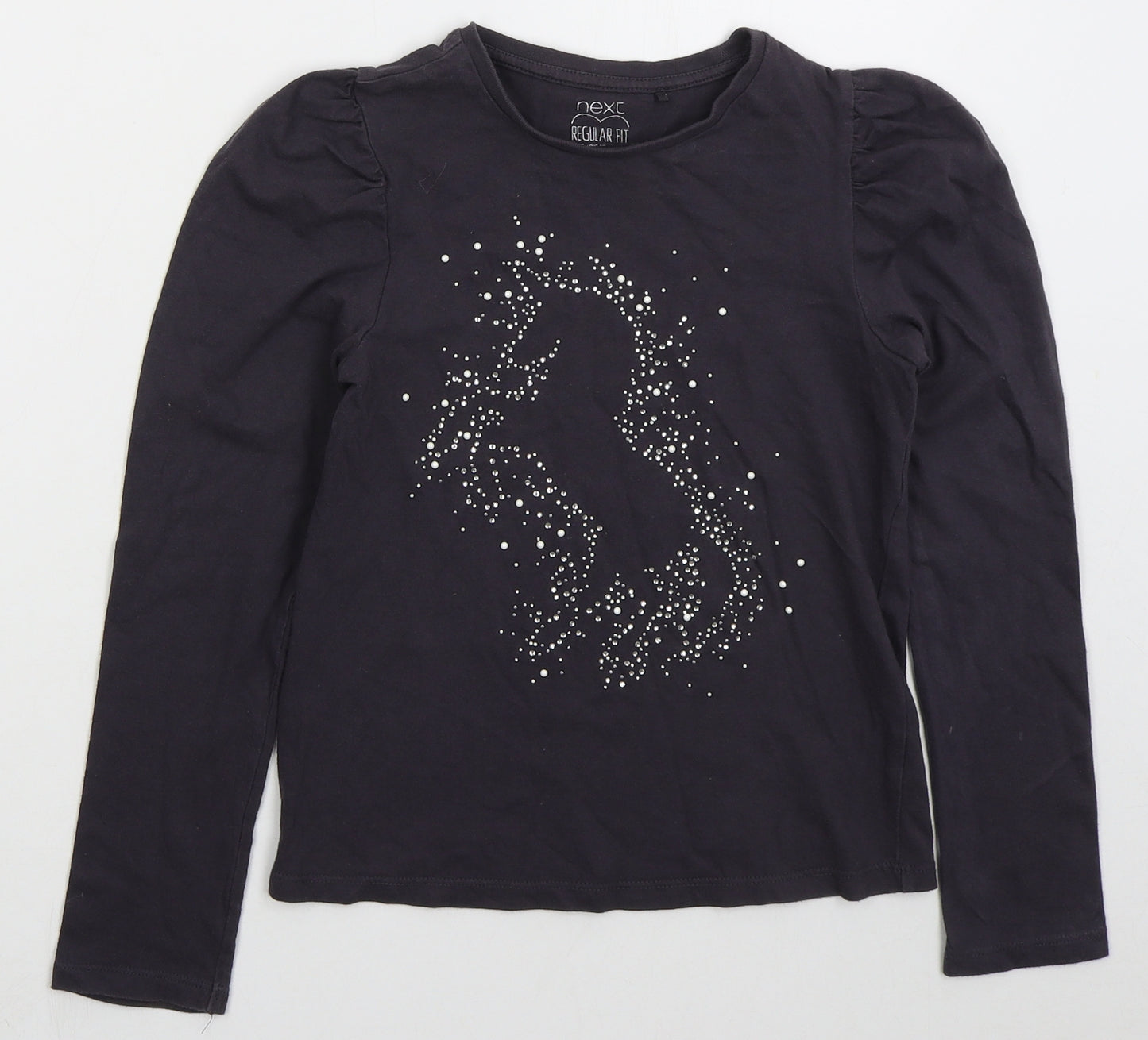 NEXT Girls Grey  Cotton Basic T-Shirt Size 9 Years Crew Neck Pullover - Unicorn