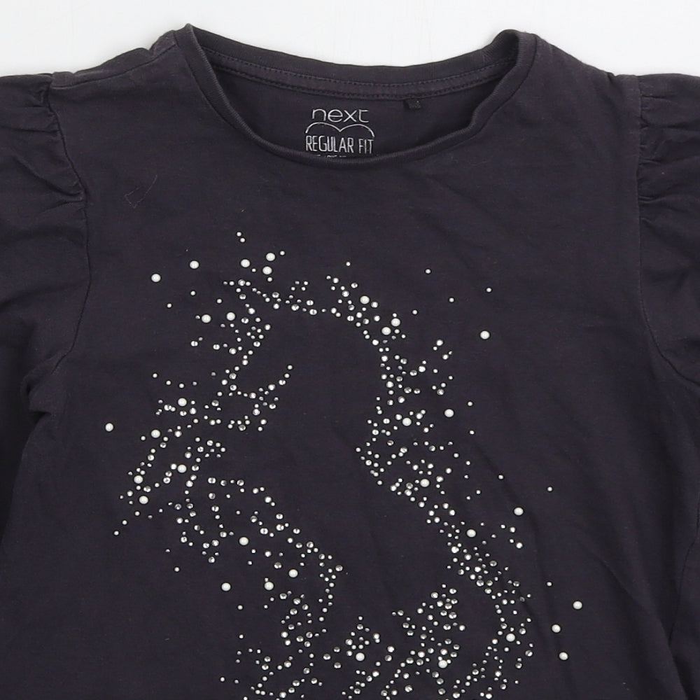 NEXT Girls Grey  Cotton Basic T-Shirt Size 9 Years Crew Neck Pullover - Unicorn