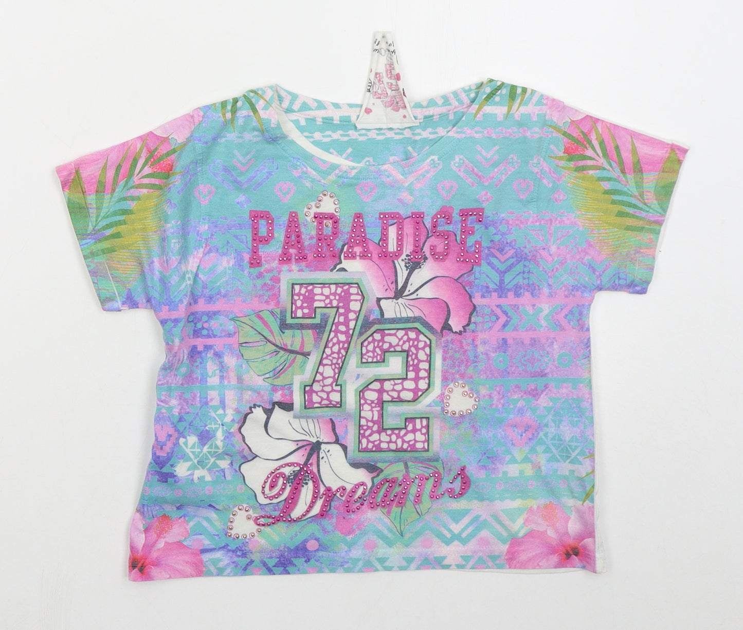 Young Dimension Girls Blue Geometric Cotton Basic T-Shirt Size 7-8 Years Crew Neck Pullover - Paradise
