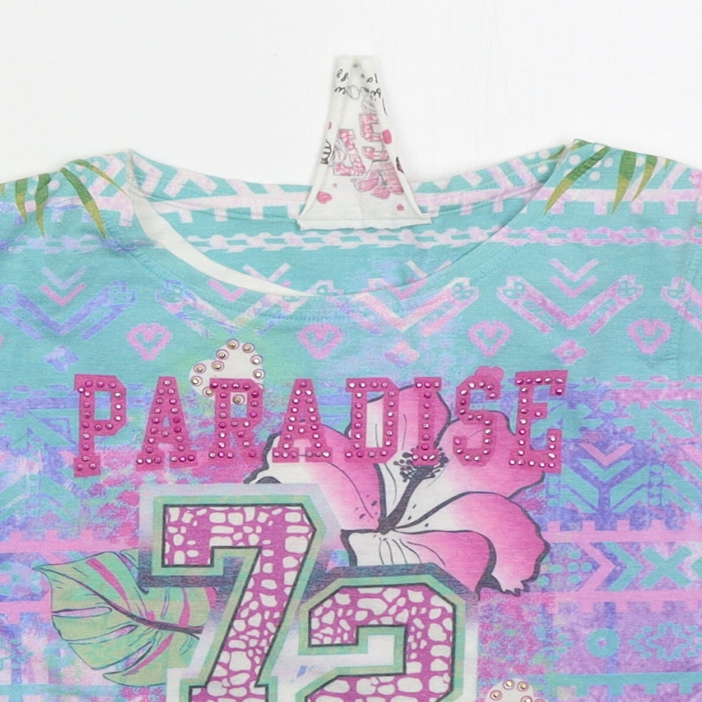 Young Dimension Girls Blue Geometric Cotton Basic T-Shirt Size 7-8 Years Crew Neck Pullover - Paradise