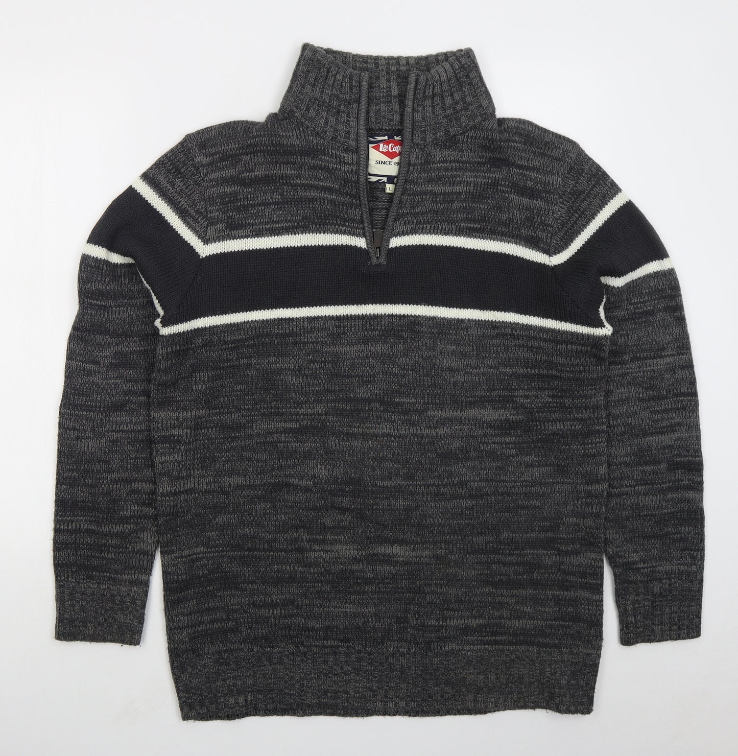 Lee Cooper Mens Grey High Neck Striped Acrylic Pullover Jumper Size L