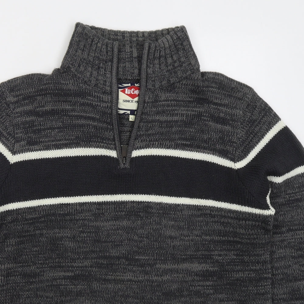 Lee Cooper Mens Grey High Neck Striped Acrylic Pullover Jumper Size L
