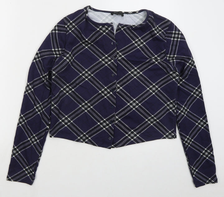 New Look Womens Blue Round Neck Check Cotton Cardigan Jumper Size 16
