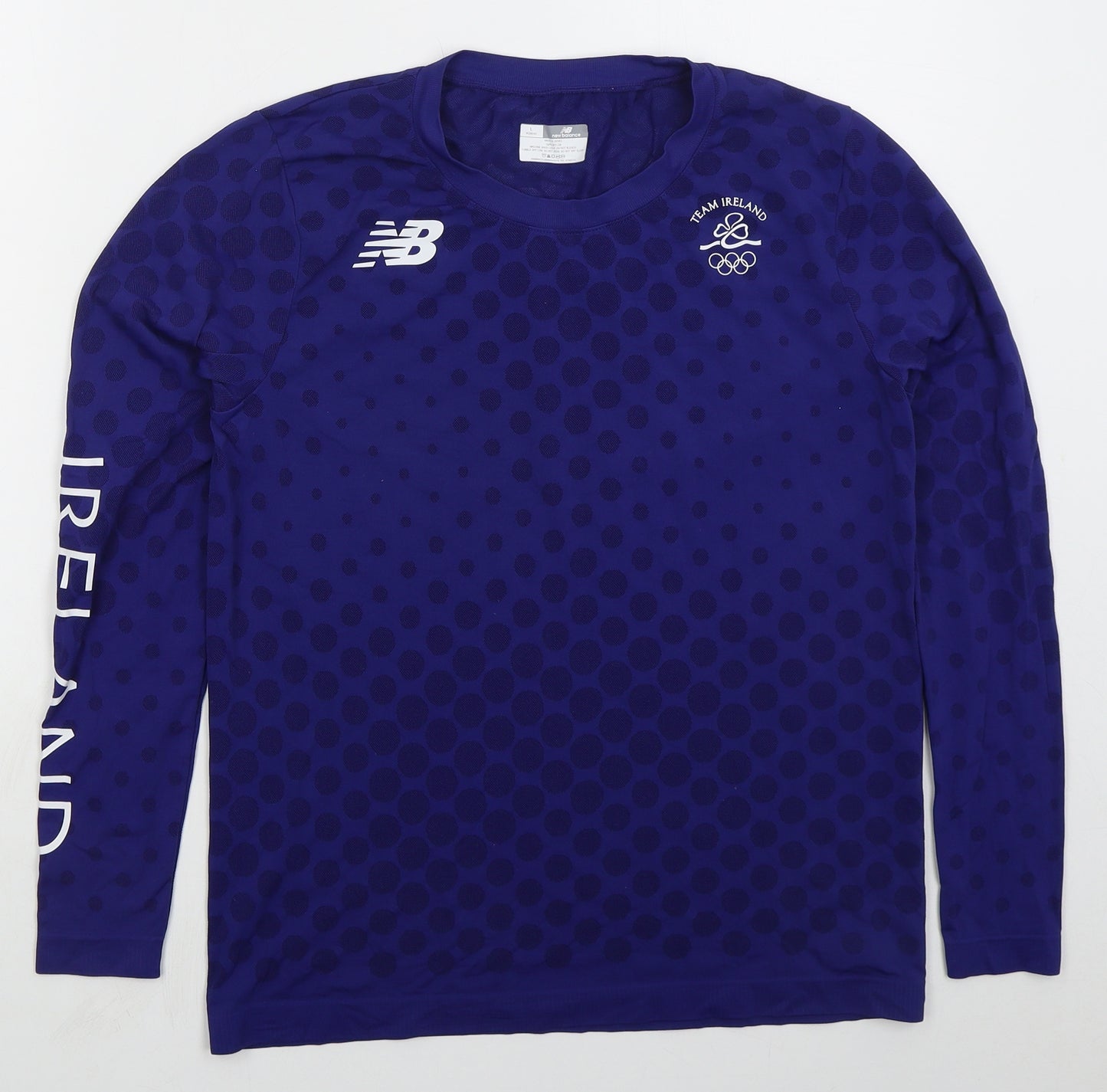 New Balance Womens Blue Polka Dot Nylon Basic T-Shirt Size L Crew Neck Pullover
