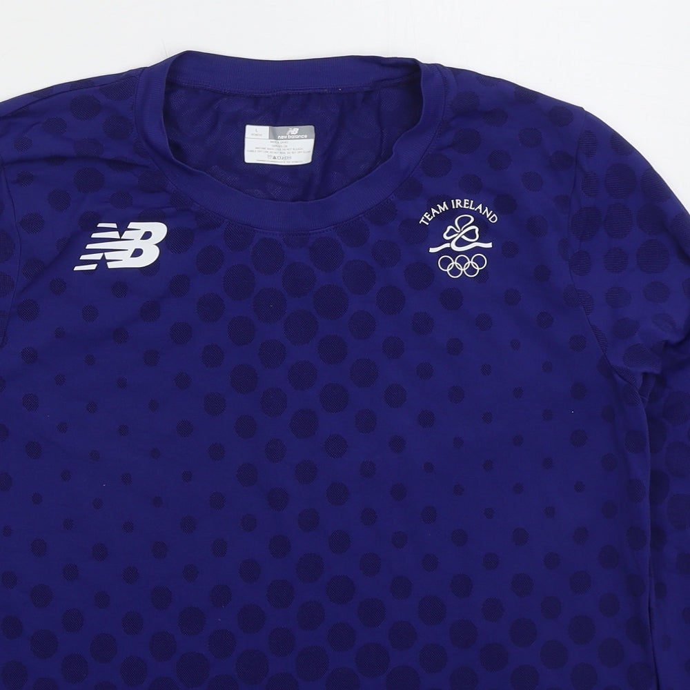 New Balance Womens Blue Polka Dot Nylon Basic T-Shirt Size L Crew Neck Pullover