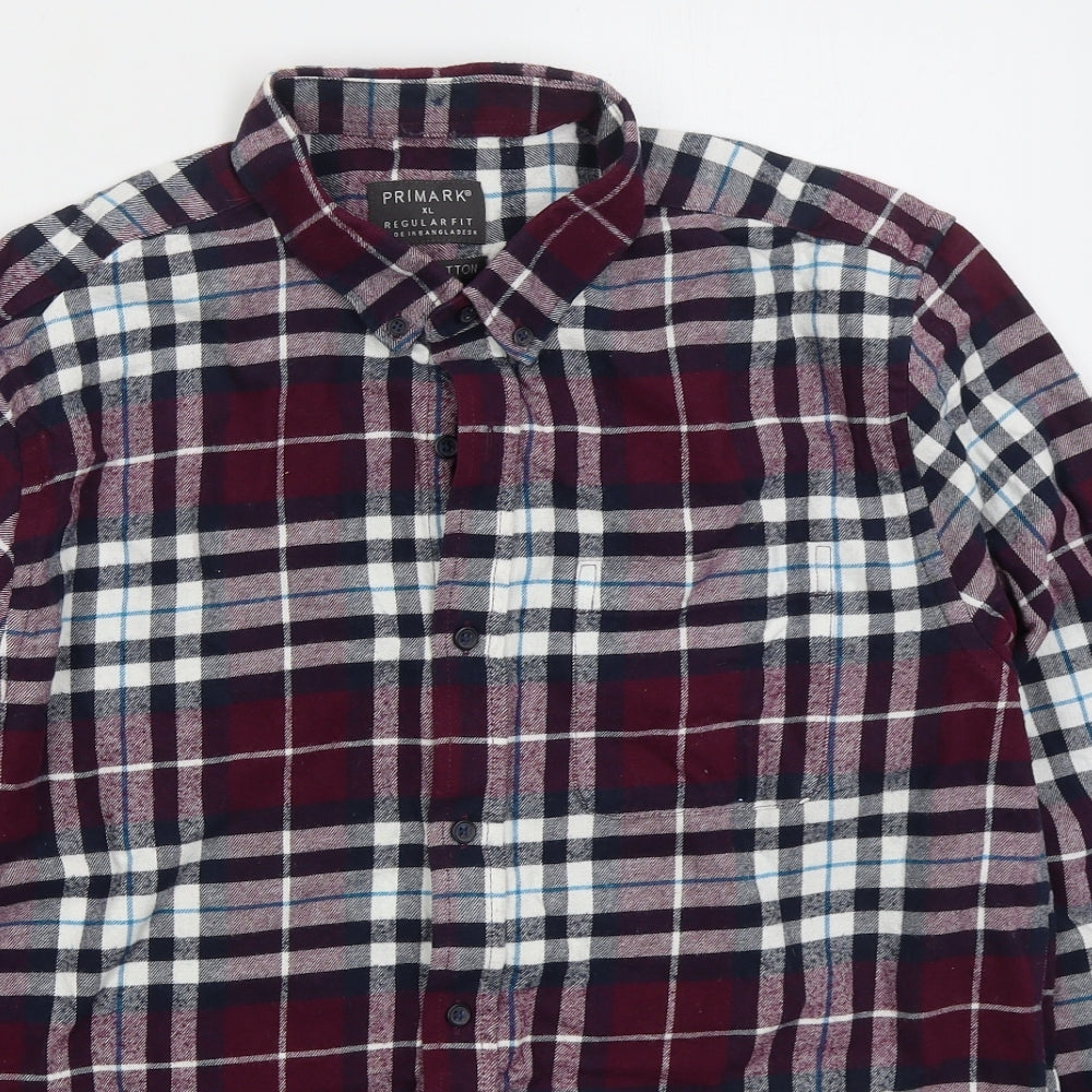 Primark Mens Purple Check Cotton  Button-Up Size XL Collared Button