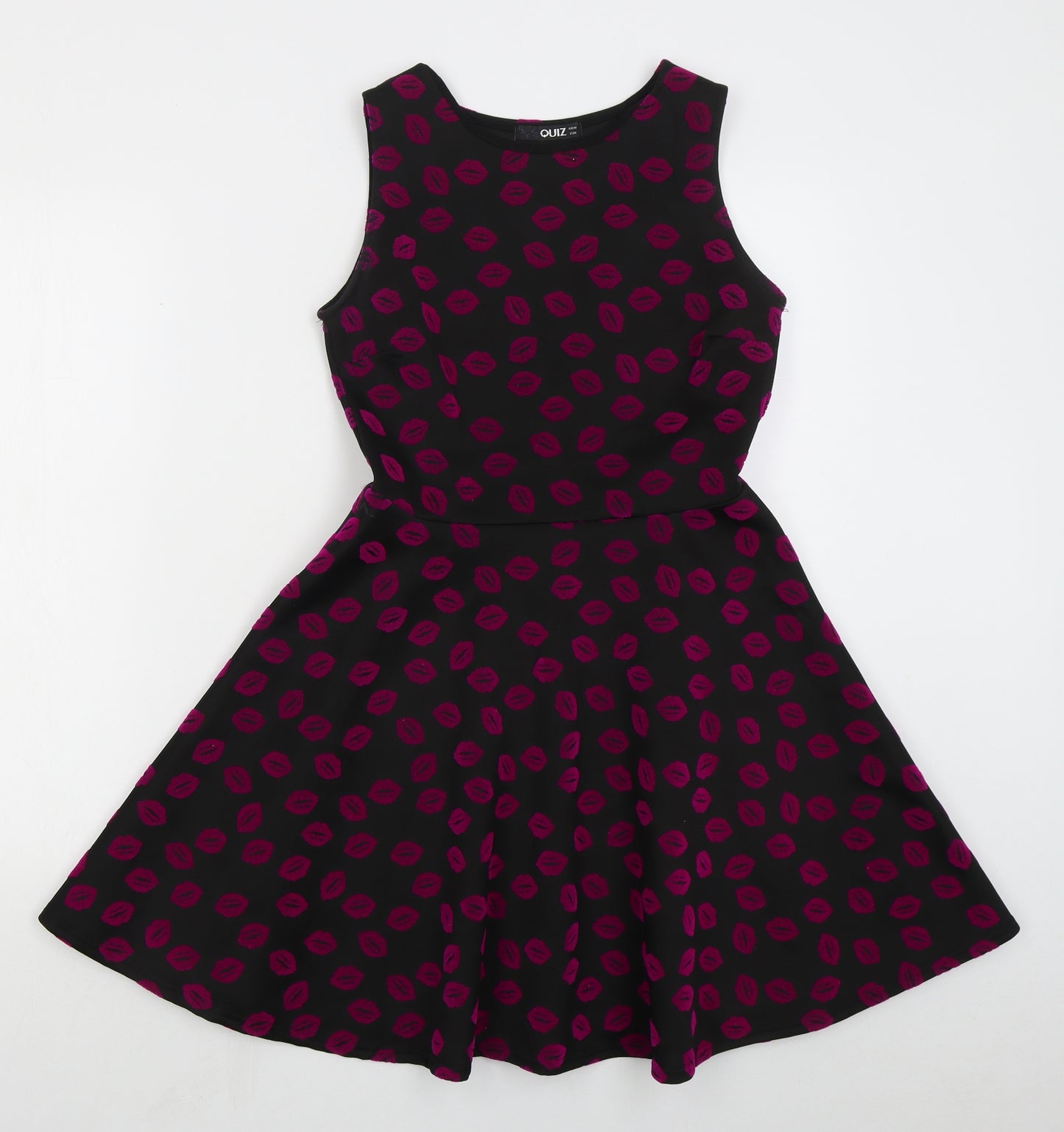 Quiz Womens Black  Polyester Skater Dress  Size 10  Round Neck Pullover - Lip Print