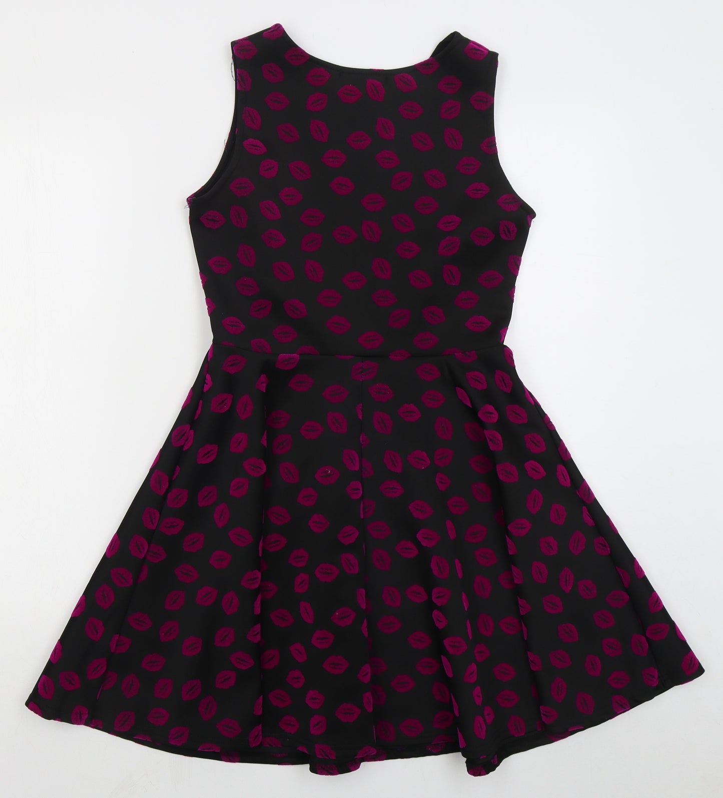 Quiz Womens Black  Polyester Skater Dress  Size 10  Round Neck Pullover - Lip Print