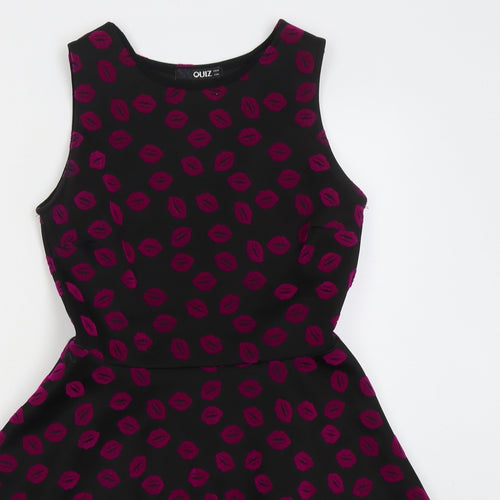 Quiz Womens Black  Polyester Skater Dress  Size 10  Round Neck Pullover - Lip Print