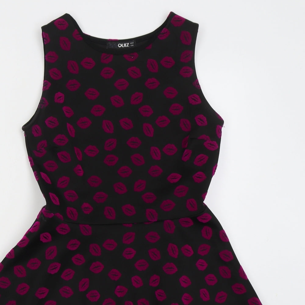Quiz Womens Black  Polyester Skater Dress  Size 10  Round Neck Pullover - Lip Print