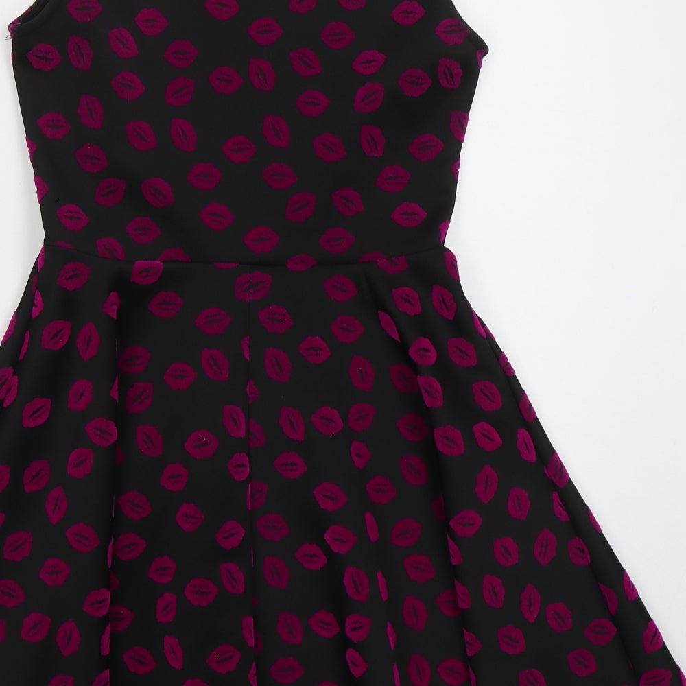 Quiz Womens Black  Polyester Skater Dress  Size 10  Round Neck Pullover - Lip Print