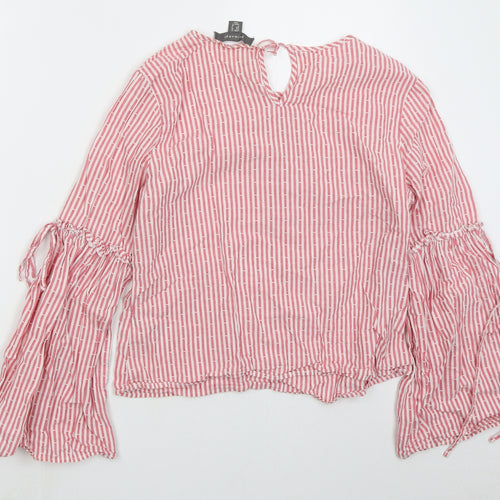 Primark Womens Pink Striped Cotton Basic Blouse Size 12 Round Neck