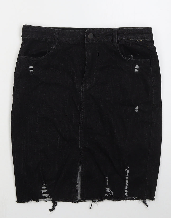 Preworn Womens Black  Cotton Straight & Pencil Skirt Size 30 in   Button - Distressed Look