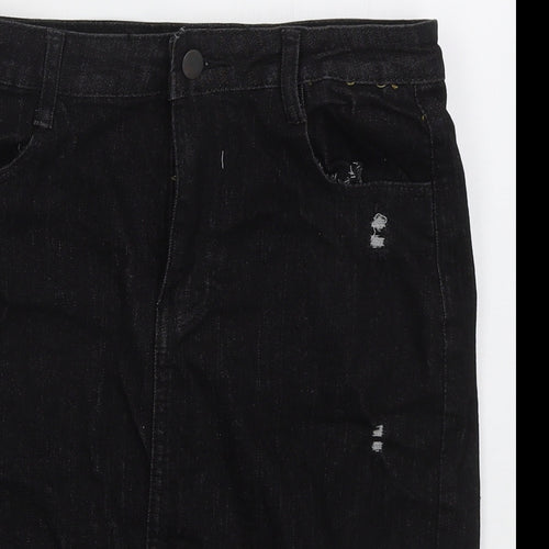 Preworn Womens Black  Cotton Straight & Pencil Skirt Size 30 in   Button - Distressed Look