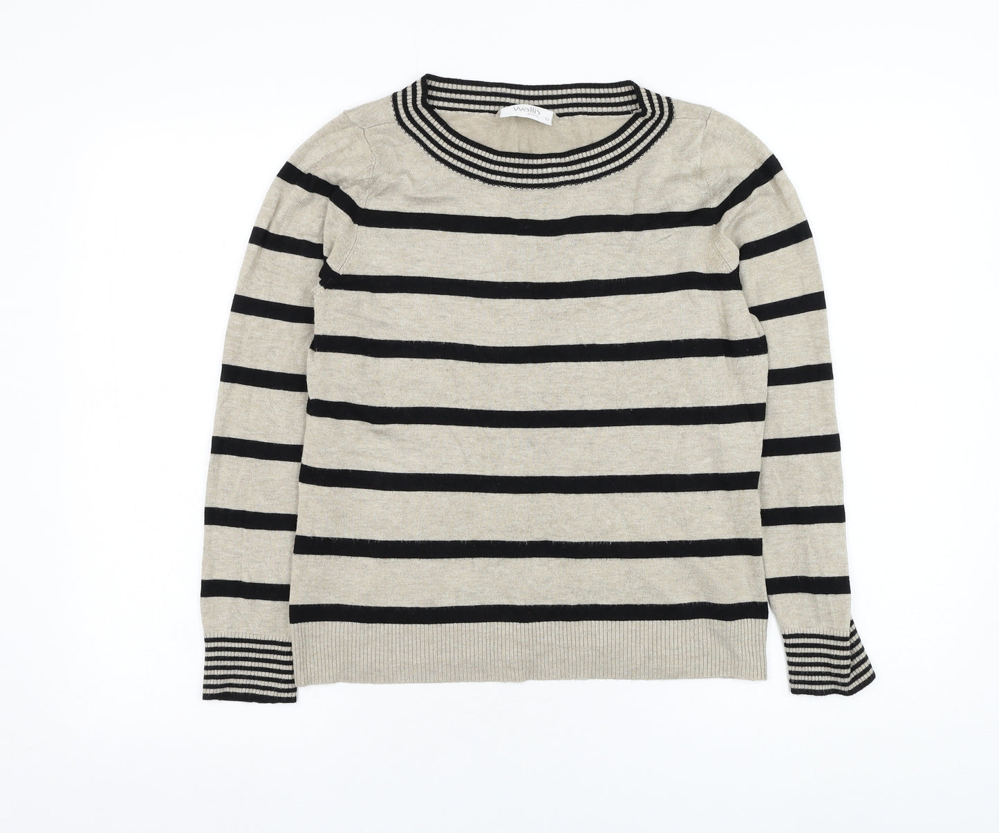 Wallis Womens Beige Round Neck Striped Viscose Pullover Jumper Size 12