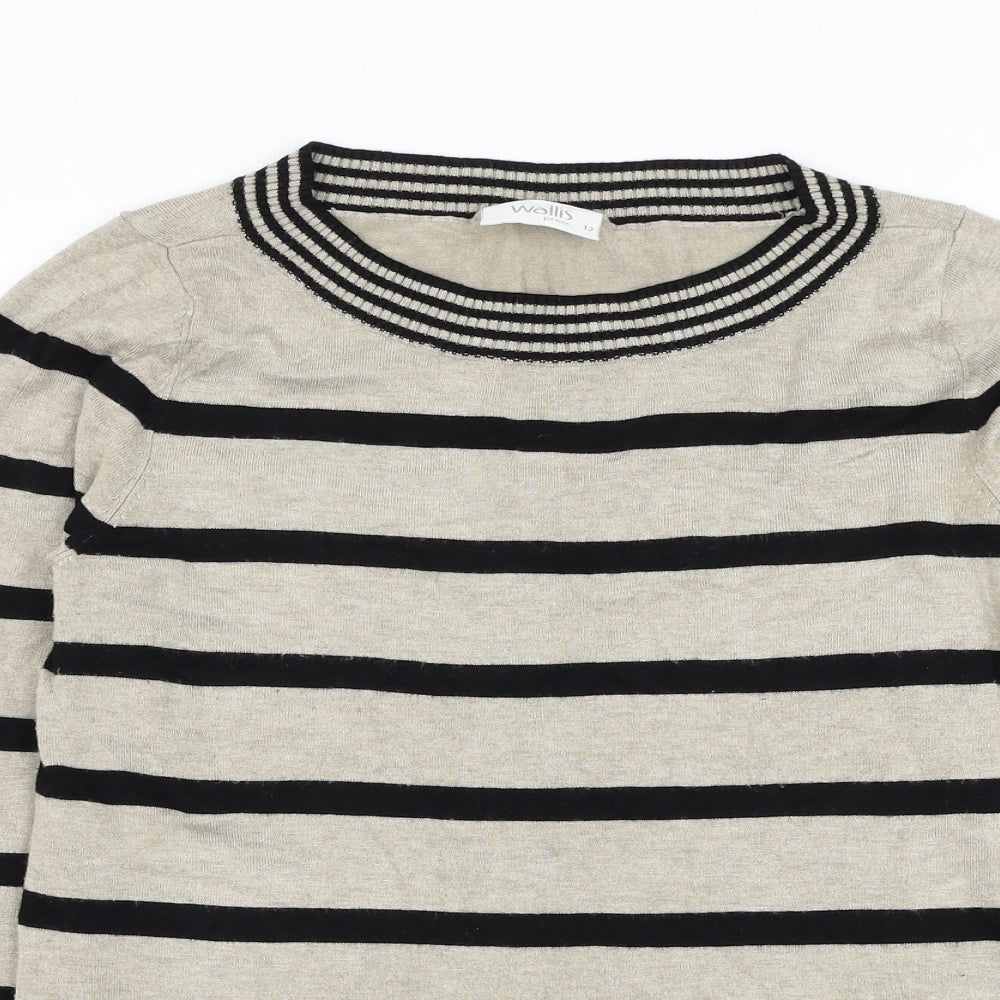 Wallis Womens Beige Round Neck Striped Viscose Pullover Jumper Size 12