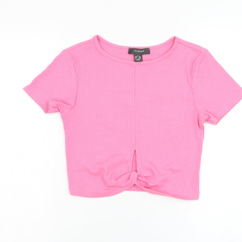 Primark Womens Pink  Polyester Cropped T-Shirt Size 6 Round Neck