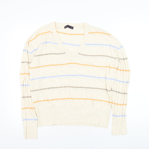 Marks and Spencer Mens Ivory V-Neck Striped Viscose Pullover Jumper Size L