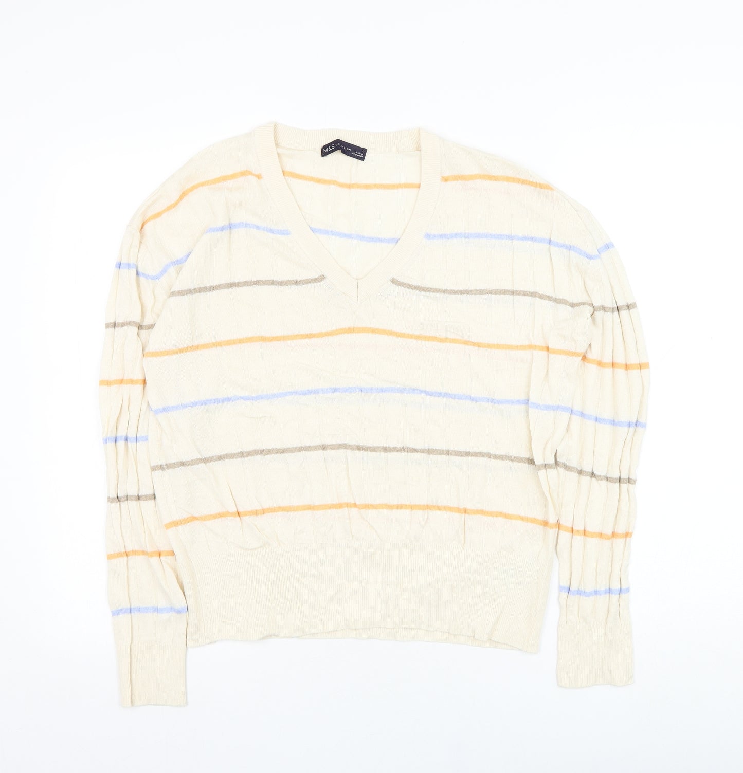 Marks and Spencer Mens Ivory V-Neck Striped Viscose Pullover Jumper Size L