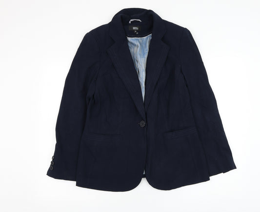 Front view of Marks & Spencer women’s blue jacket blazer, size UK 14, button