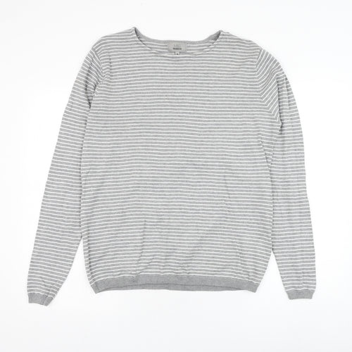 Marks and Spencer Mens Grey Round Neck Striped Cotton Pullover Jumper Size M